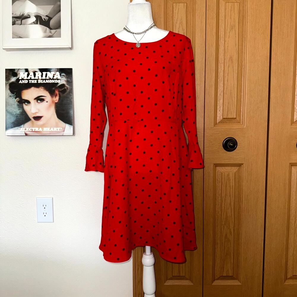 Old Navy A-Line Dress Womens Large Red Polka Dot 3/4 Bell Sleeve Smocked Side
